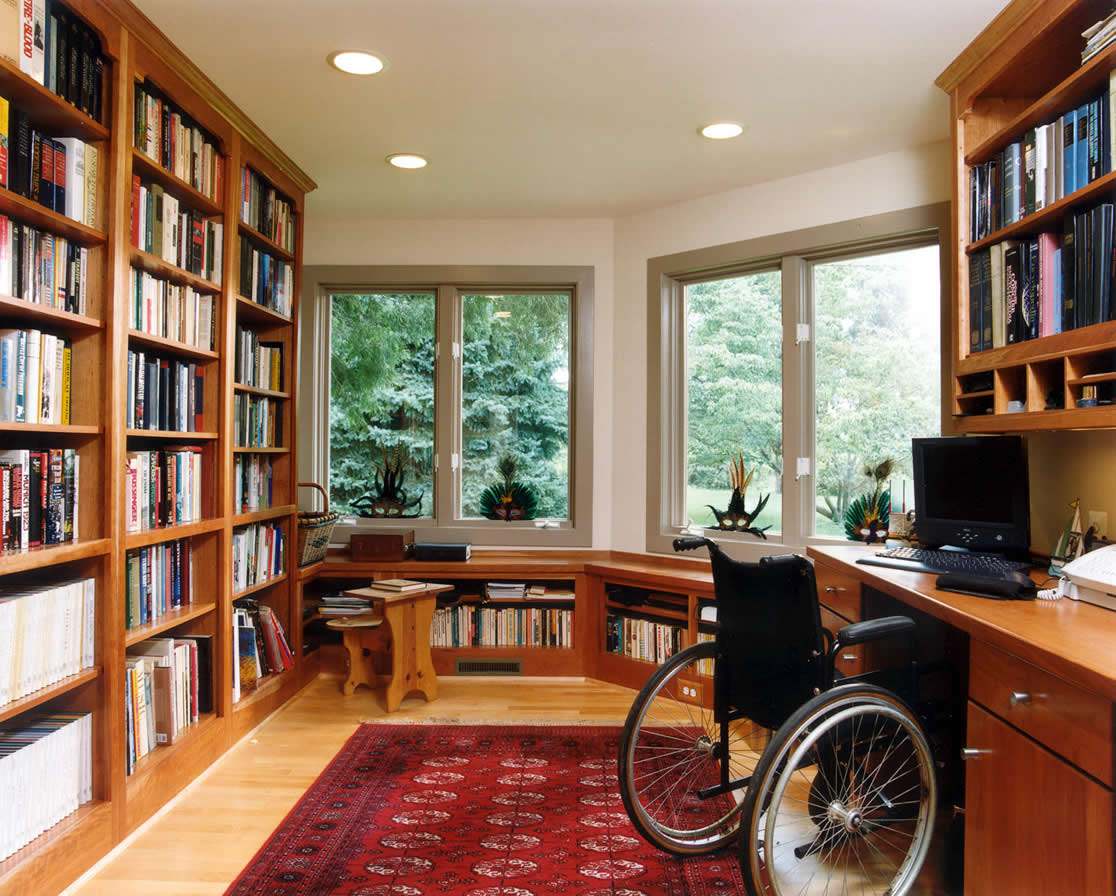 Aging in Place & Special Needs Construction Image of newly renovated office with wheel chair.