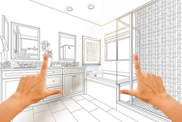 Image of each hand with pointer and thumb extended on either side overlayed on top of a black and white outline of newly remodeled bathroom.