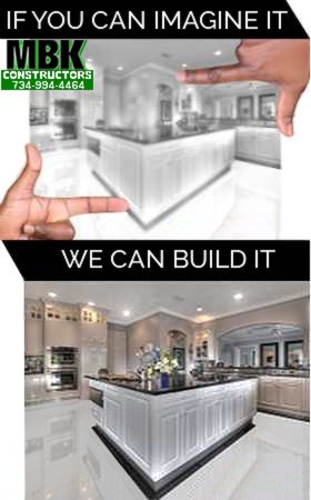a double image, the top image is a black and white drawing of a kitchen outlined by 2 african american hands held up as a frame with the text "if you can deam it" and the bottom image has the same hands held in the same position but this time framing an image of the kitchen MBK built for this client and with the text "we can build it", this combo image looks stunning in it's comparison.