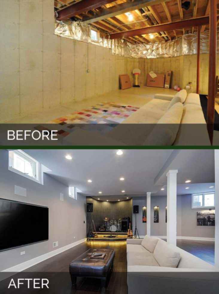 A before and after image of a basement remodel it's very dramatic from cols dimconcrete walls and floor to abright and warm family room