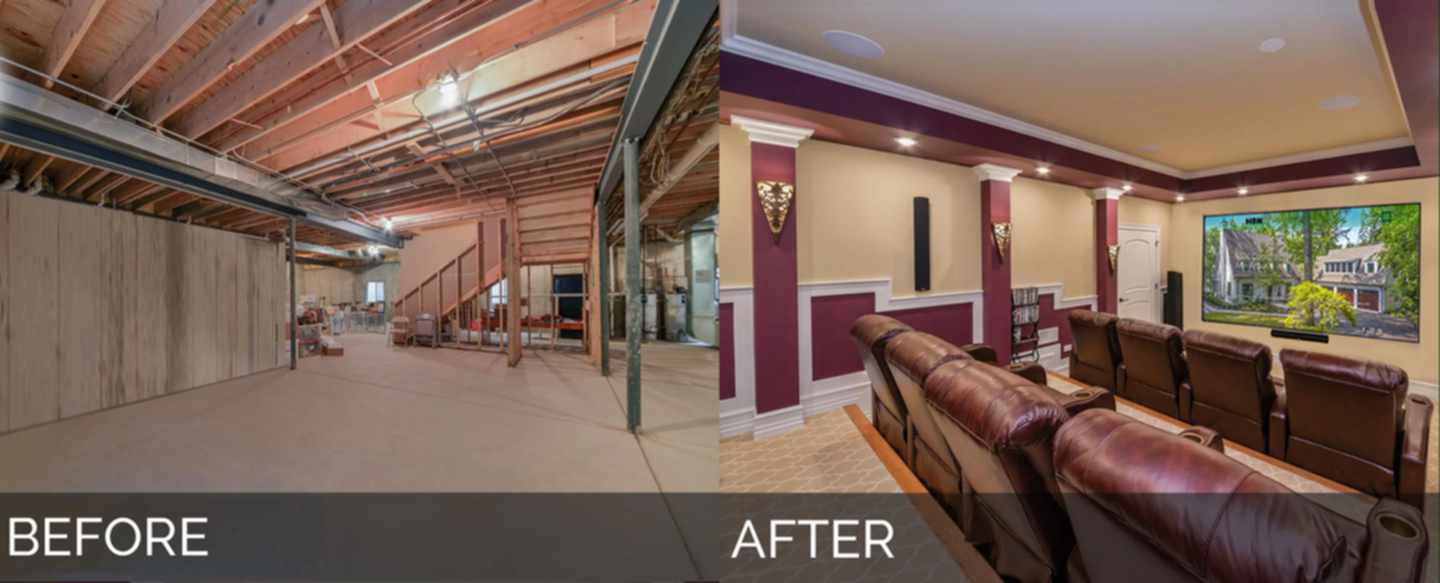 An image of a basement remodel before and after, it's very dramatic