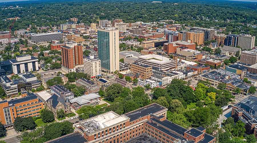 An aerial view of downtown Ann Arbor, Michigan in summer